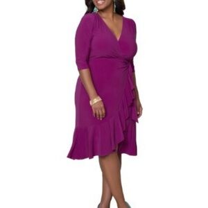 Kiyonna NWT Wrap Front Ruffle Midi Dress Magenta Purple Size 2X